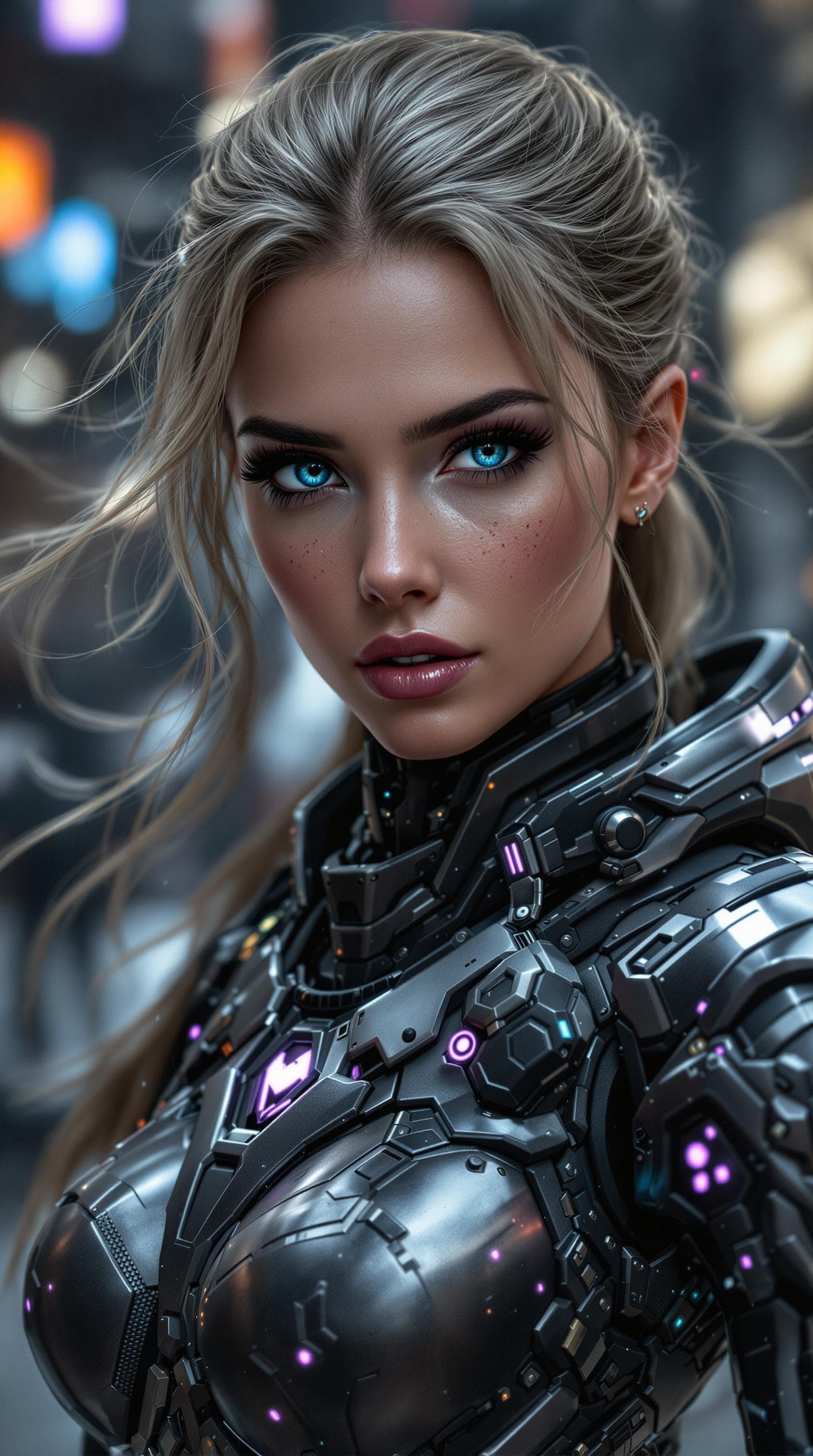 AI generated: Incredibly beautiful Norwegian with blue eyes, long eyelashes, black eyeliner, freckles, dimples on ...