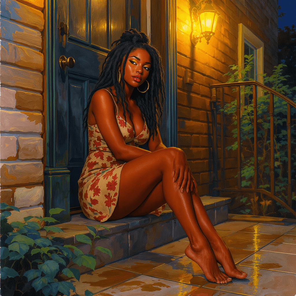 AI generated: Centered image. 400 pixels. Full-length photorealistic charming melanated woman in a short dress, si...