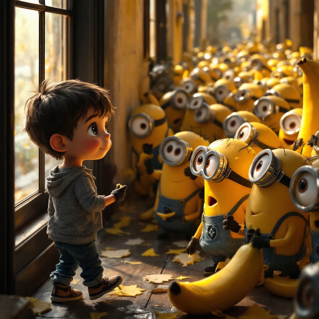 AI generated: A boy looking from a window at daylight and sees many walking  Minions . Their body are exposed and ...