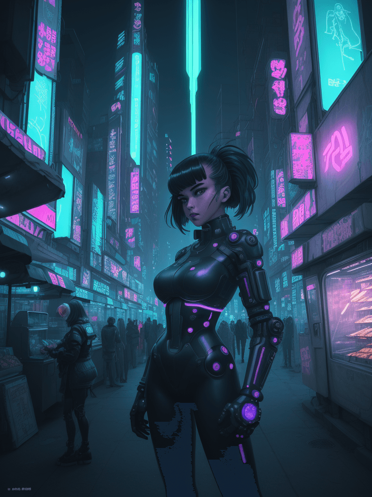 AI generated: girl of the future using a food vendor machine, futuristic design, electronic artwork, manga charact...