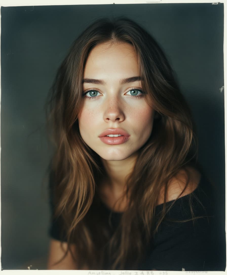 AI generated: Anjelina Jollie Pitt, 21-28 years old, brown hair, high-quality photo portrait, shot on a Polaroid c...