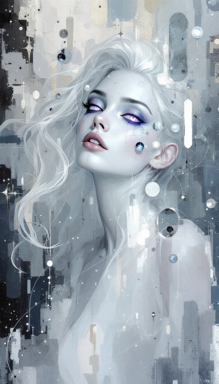 AI generated: "Silvered Illusionist in a Mirage of Light": A compelling abstract painting features an illusionist,...