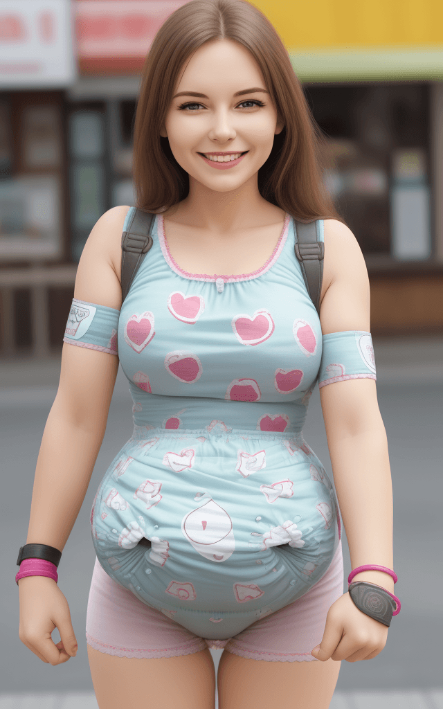 AI generated: high quality, diaper, tena pattern, woman, detailed face, smiling, armband, in public