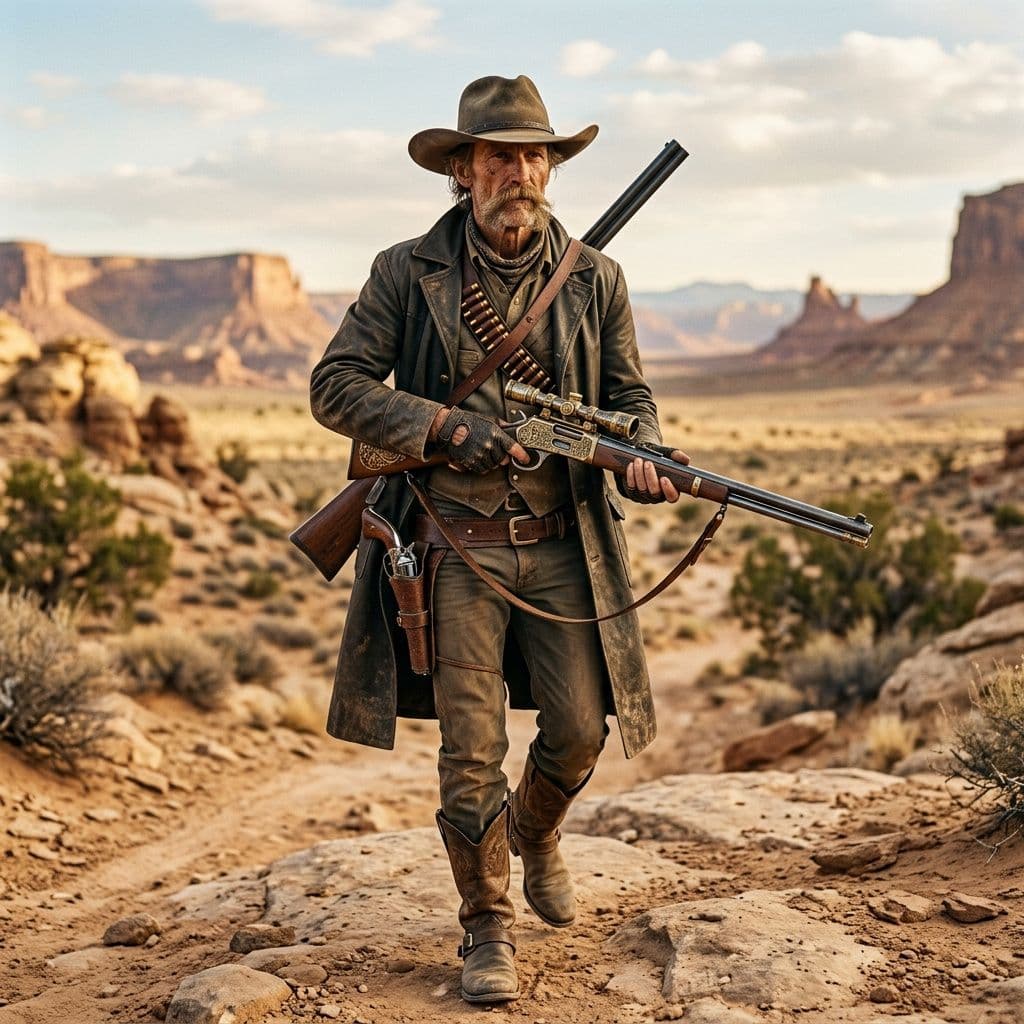 AI generated: dungeons and dragons style, a thin male human gunslinger with a long handlebar mustache wearing a lo...