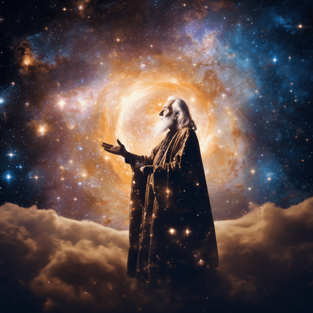 AI generated: A cosmic poet, aged 72, adorned with celestial robes, stands amidst a celestial nebula, quill in han...