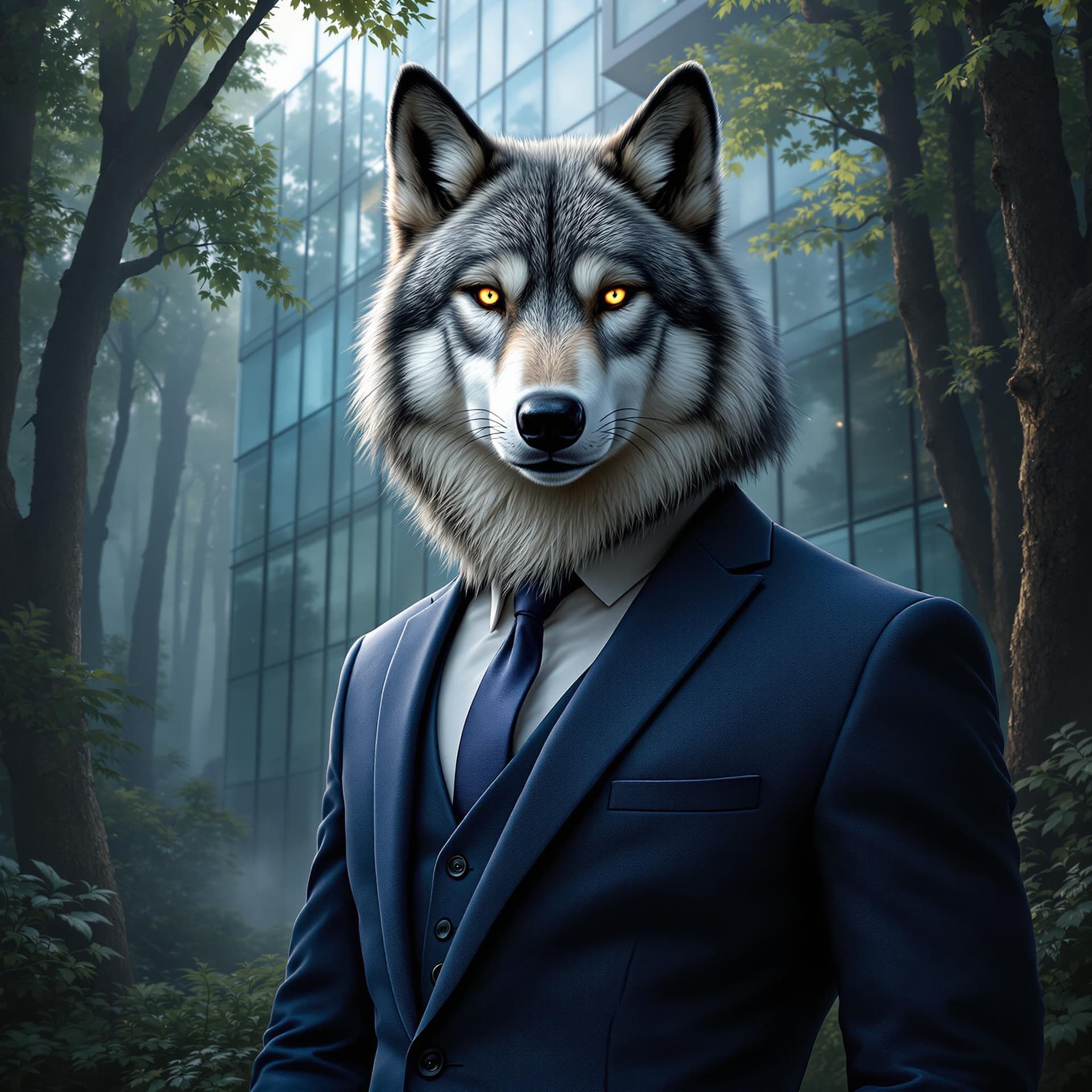 AI generated: Create a highly detailed and professional portrait of a majestic grey and navy wolf wearing a sleek,...
