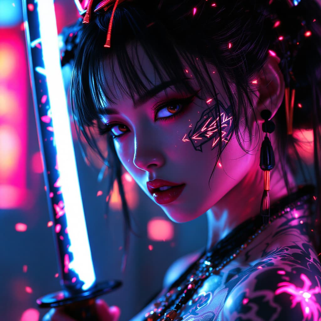 AI generated: Rebellious cyberpunk geisha with glowing neon tattoos yielding a katana, vintage, medium close up, p...