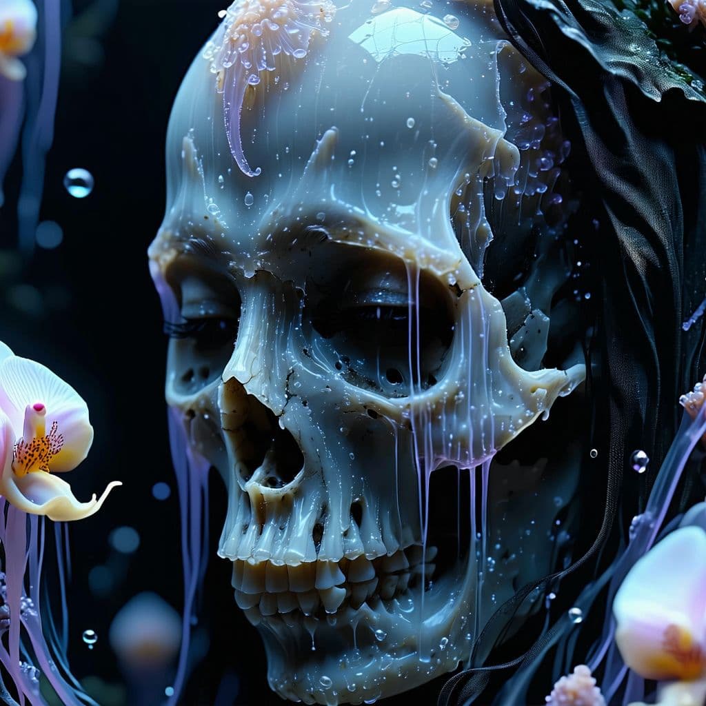AI generated: death preety Goddess close-up portrait ribcagel. jellyfish phoenix head, nautilus, orchid, skull, be...