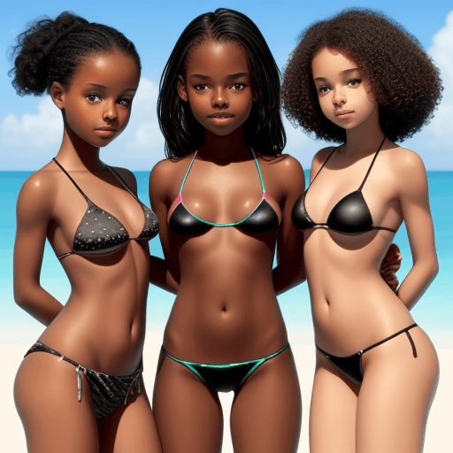 AI generated: three beautiful black girls 14 years old in bikinis