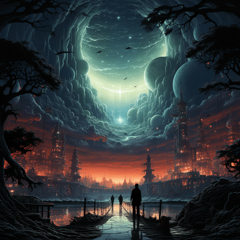 AI generated: a comics rendition inspired by the fantasy artist Neil Gaiman, showcasing the majestic gates of heav...