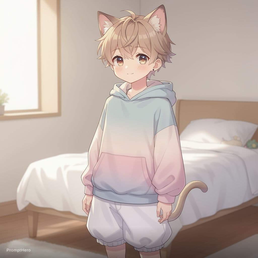 AI generated: Cute catboy wearing a diaper, white_diaper, cat_boy, short_hair, 4k, anime