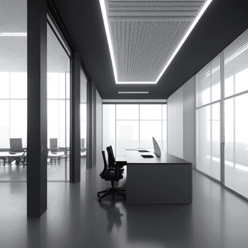 AI generated: photorealistic, perspective view, minimalist co-working space, bright finished and embient, elaborat...