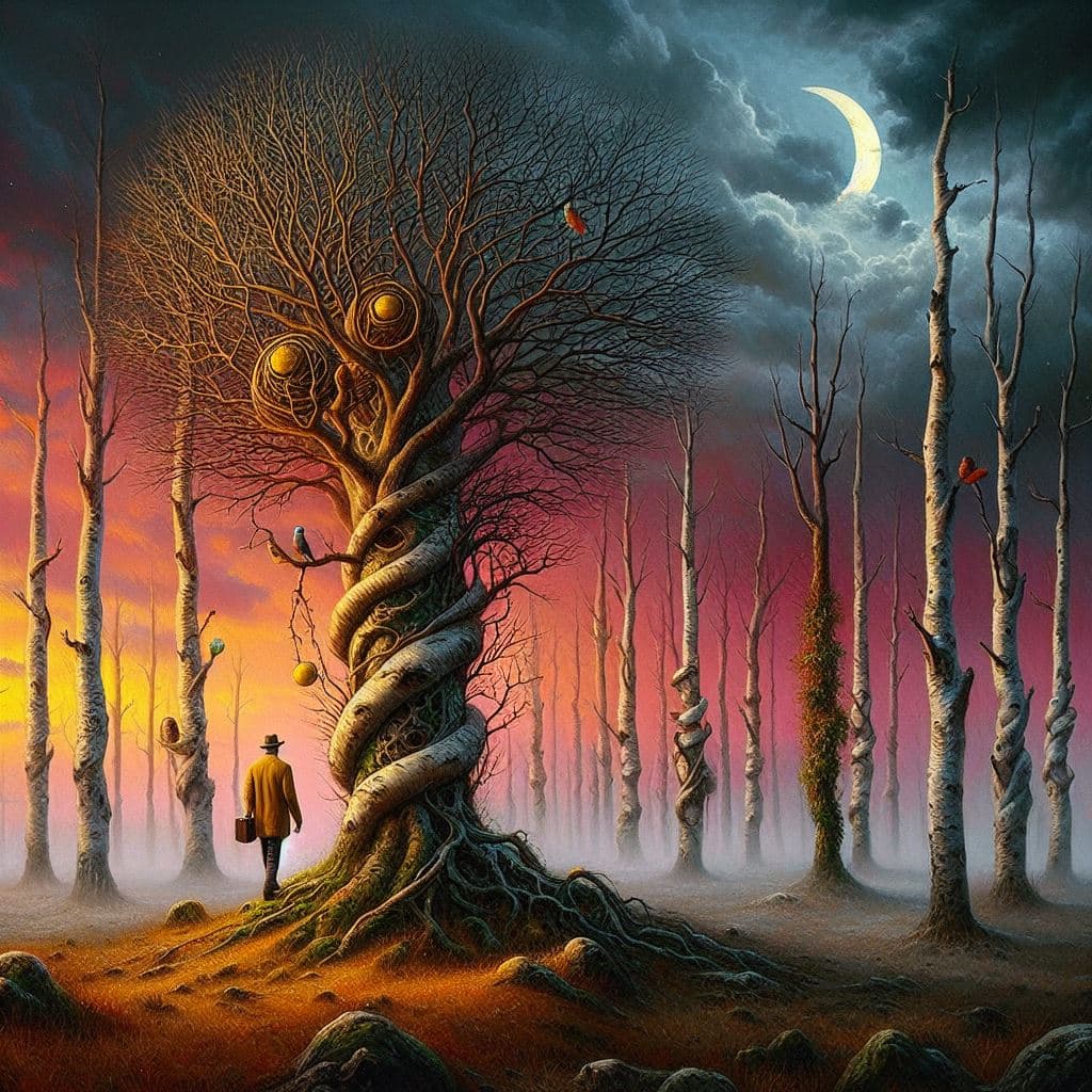 AI generated: "I need a change of scenery!" said the birch tree and walked away at dusk. Romantic Surrealism