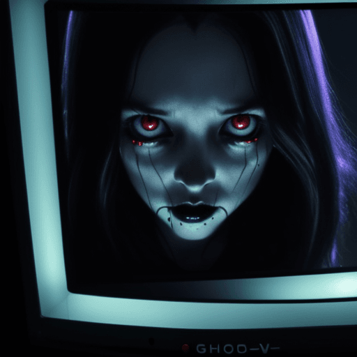 AI generated: girl with spooky glowing eyes closeup, crawling out a tv screen,  vintage tv set like in the movie "...