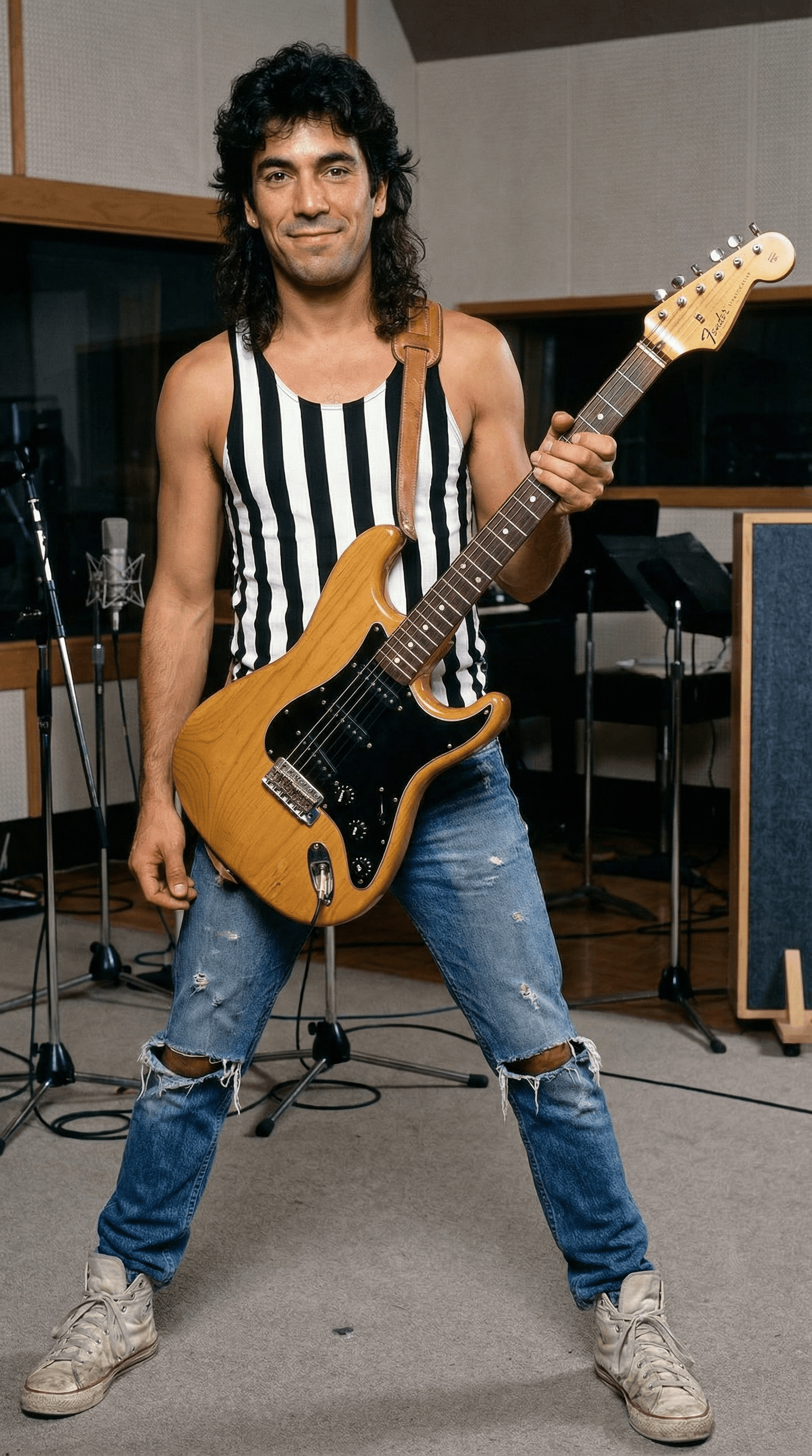 AI generated: A well lit, full body front photo of a gently smiling, 1980's Hard Rock band guitar player, holding ...