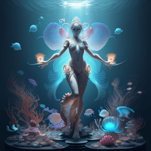 AI generated: Beautiful face Goddess full body view, ribcagel. jellyfish phoenix head, nautilus, orchid, skull, be...
