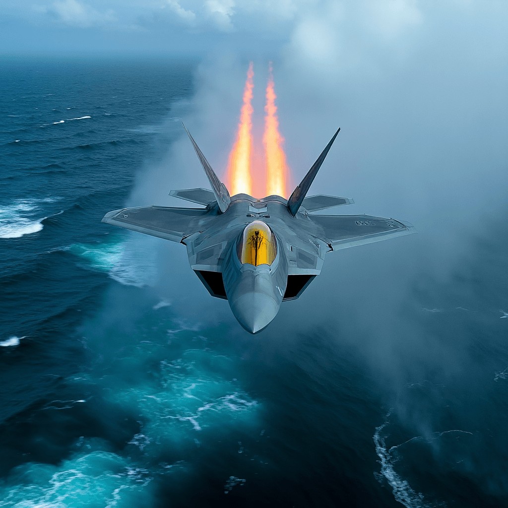 AI generated: An F-22 Raptor in a high angle-of-attack maneuver, captured in a powerful close-up. Vapor swirls den...