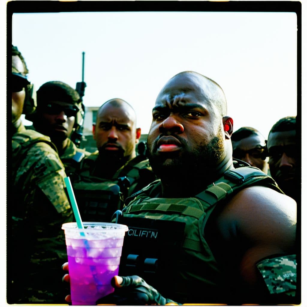 AI generated: grainy 80's photograph quality polaroid of an elite special forces team lead by an obese fat bald fe...