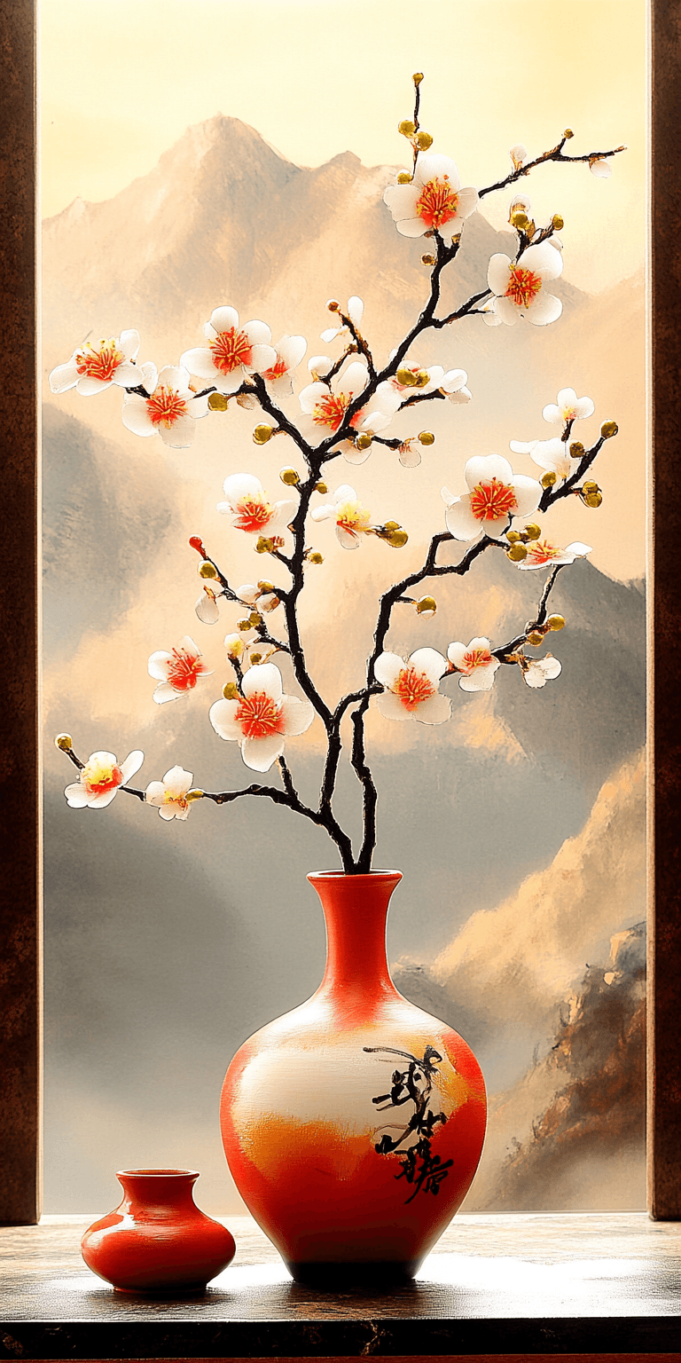 AI generated: a green, white, and red oriental painting, feminine beauty, in the style of botanical impressions, m...