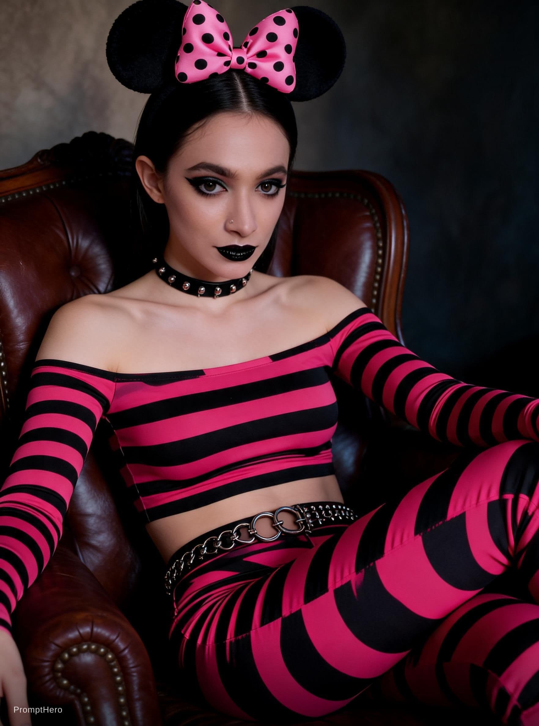 AI generated: A young Caucasian woman with striking makeup and black hair, styled with a pink and black polka dot ...