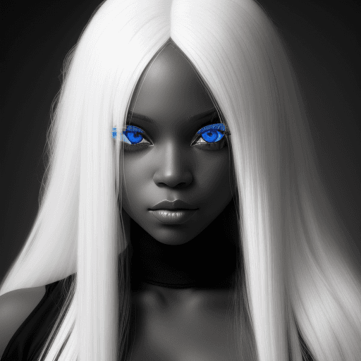AI generated: create a black-and-white image of a black woman with blue eyes and long white hair