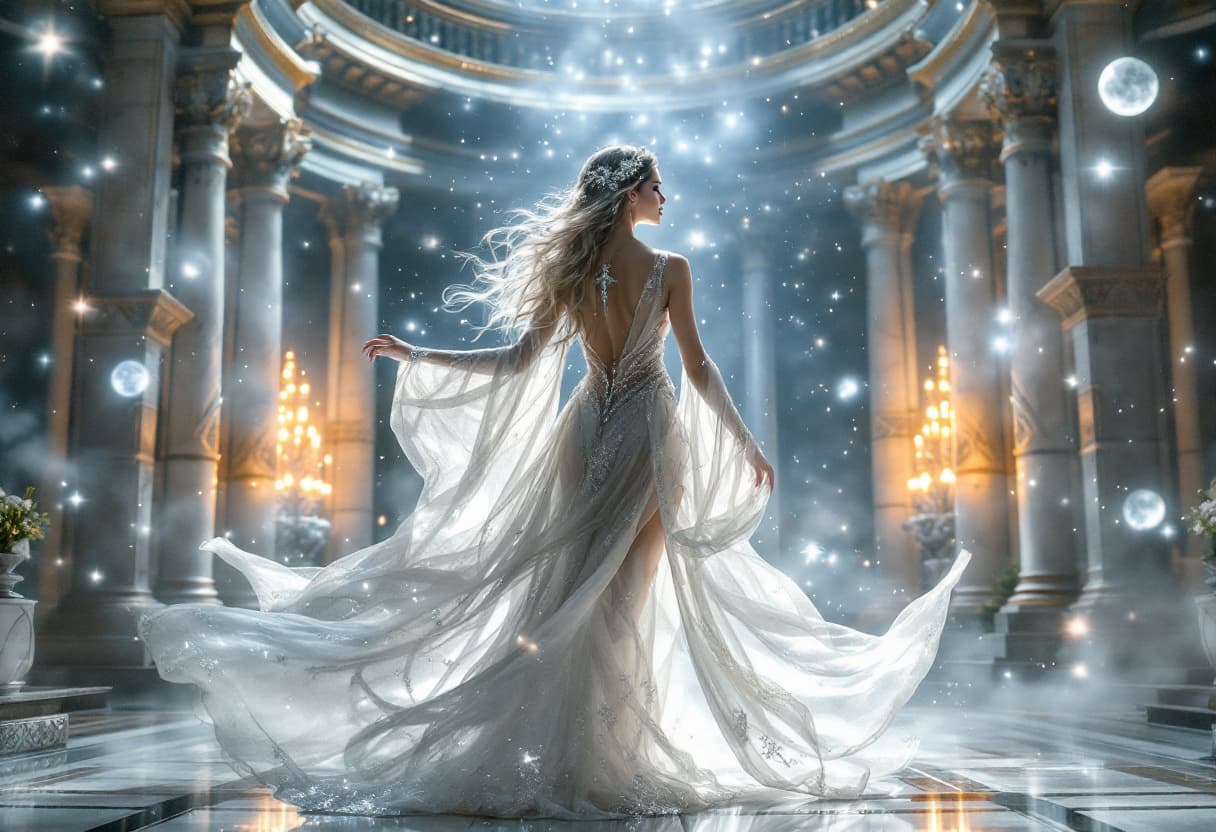 AI generated: ethereal moon goddess character, celestial temple setting, flowing silver-white dress with sheer det...