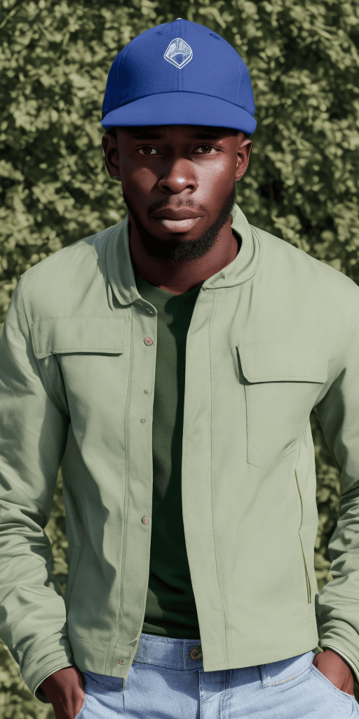AI generated: black male, head to toe, 23 years old, short hair, blue baseball cap, green visor, plain white polo ...
