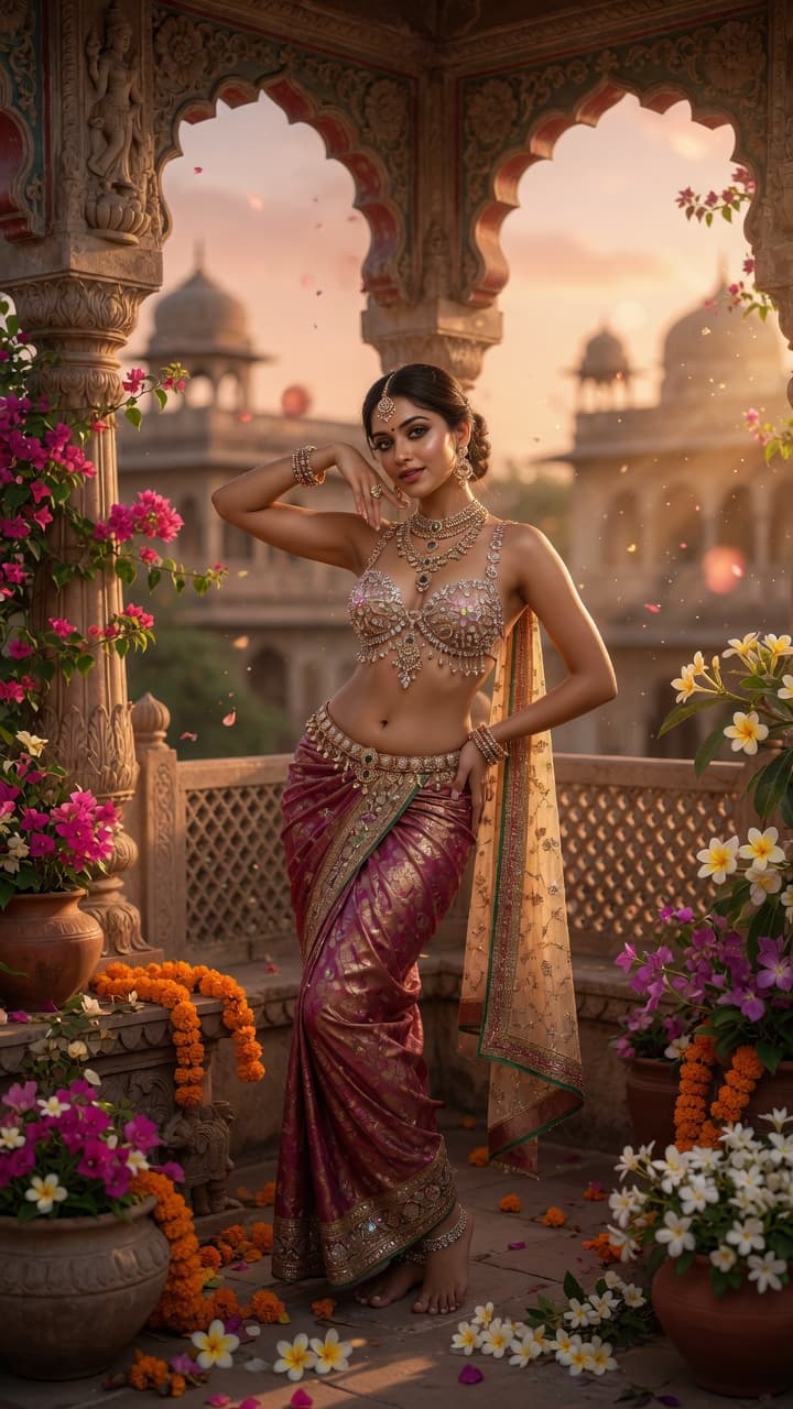 AI generated: A stunningly beautiful young woman dressed as an elegant Indian apsara, wearing an intricate crystal...