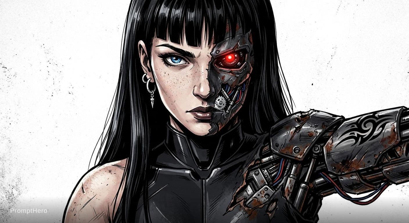 AI generated: A striking close-up portrait of a female cyborg with long, straight black hair and blunt bangs. Her ...
