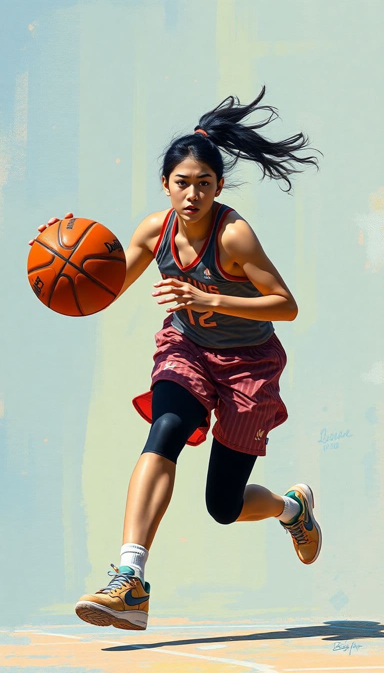 AI generated: a ultradetailed beautiful panting of a woman dribbling a basketball, by conrad roset, greg rutkowski...