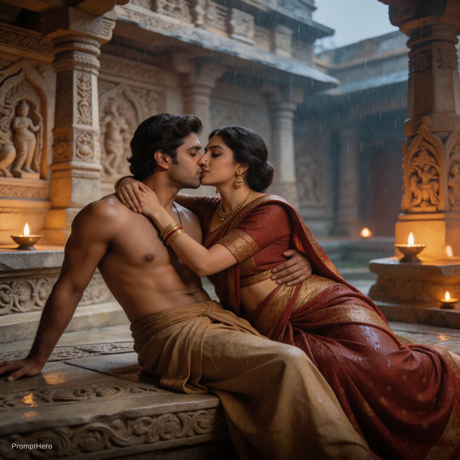 AI generated: An ancient Indian couple in a romantic and intimate moment, reclining gracefully on a stone platform...