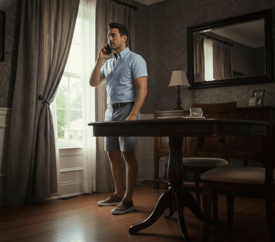 AI generated: The Hispanic male is 5'0" tall. he is in his dinning room, looking out the window with opened curtai...