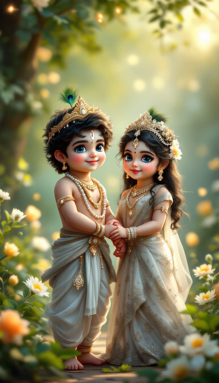 AI generated: "A highly detailed, ultra-HD 8K vertical fantasy artwork of Baby Krishna and Baby Radha standing tog...