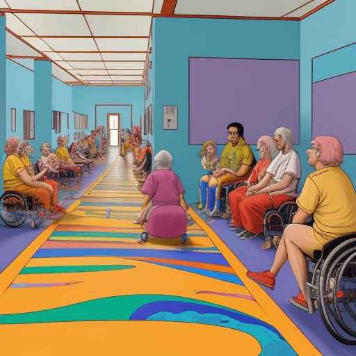 AI generated: Moebius painting style, vivid colours, sharp intensed lines, fantastic colours, 4K, a social daycare...