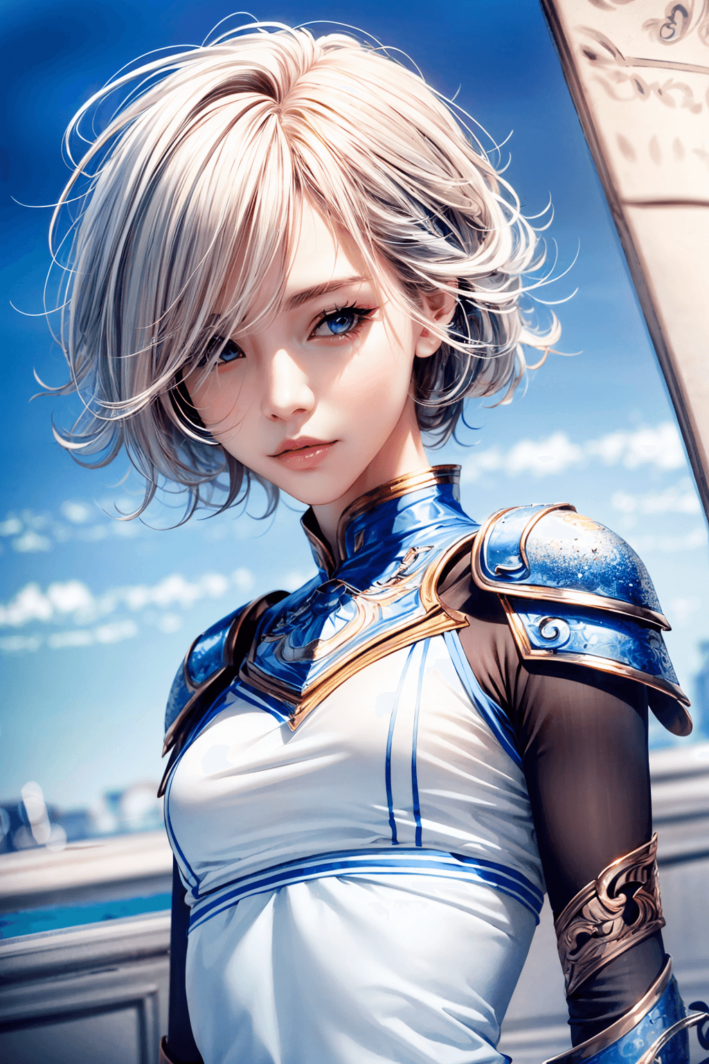AI generated: white hair, intricate azure armor, detailed gorgeous face, beautiful young South Korean girl, medium...