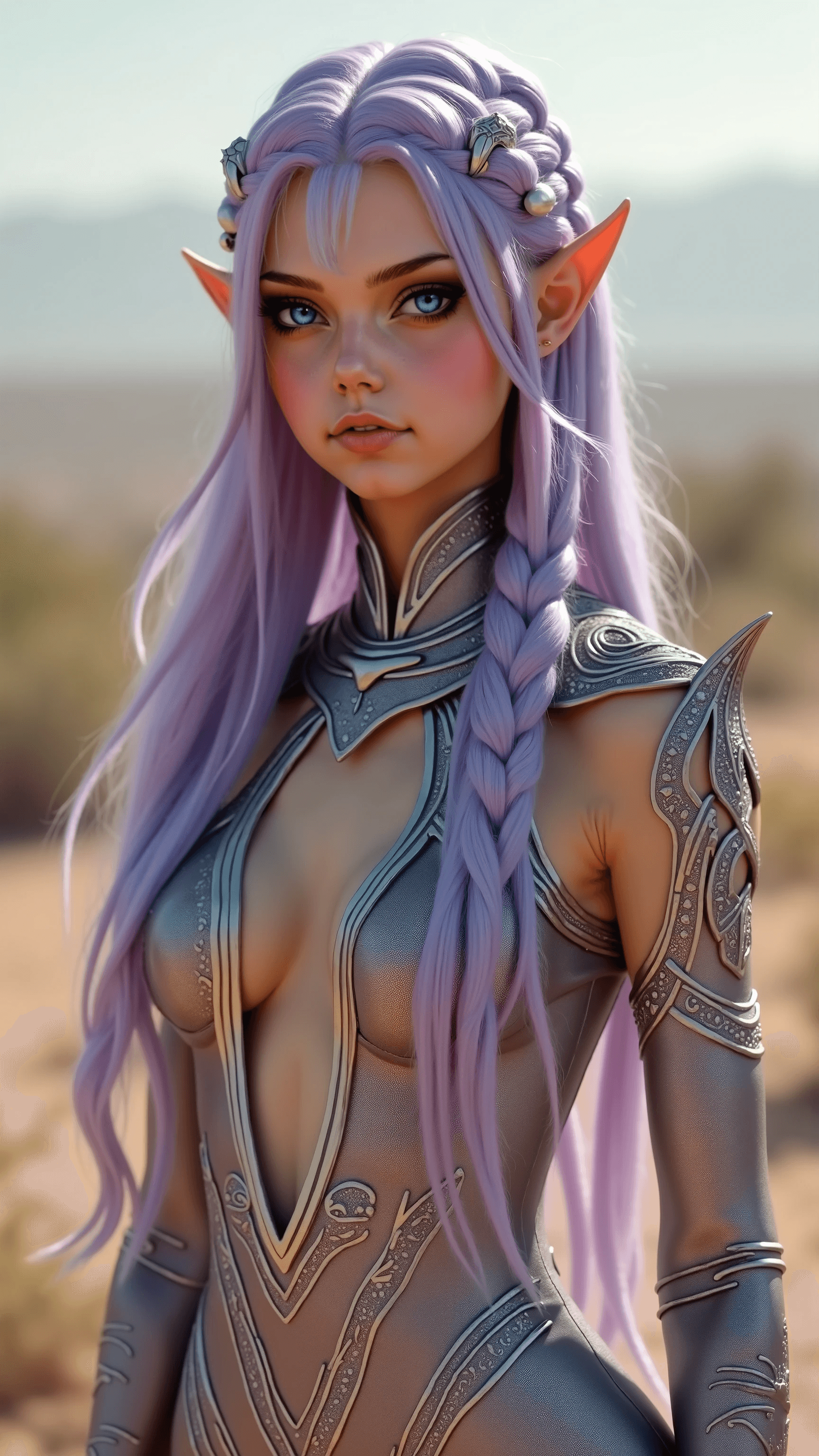 AI generated: Lavender-haired sentinel with pointed elven ears,