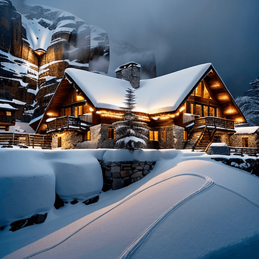 AI generated: Perched on the edge of a snow-covered mountain, the remote lodge stands as a haven amidst a winter w...