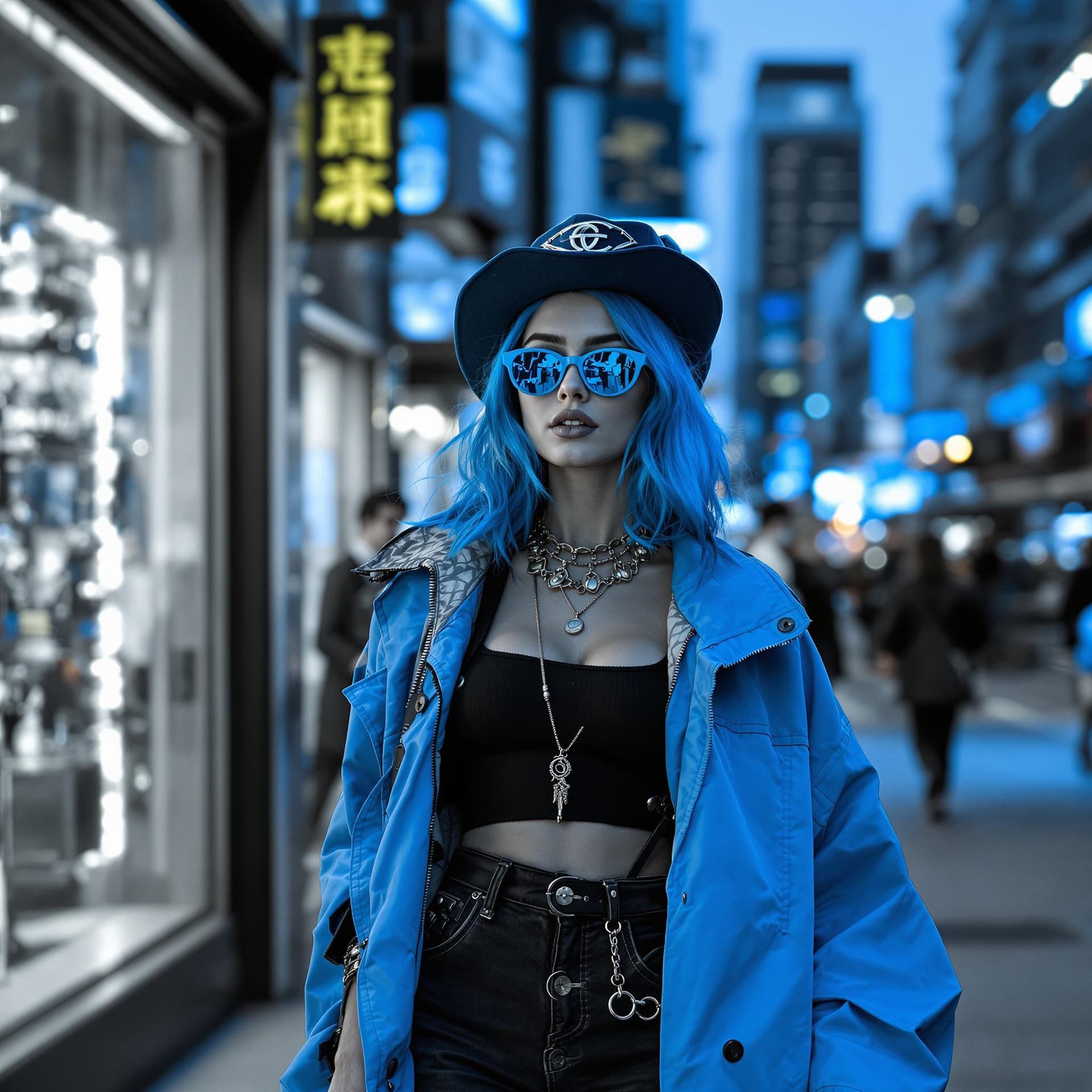 AI generated: Photograph of a fashionable woman, selective coloring, electric blue, stylish urban streetwear, bust...