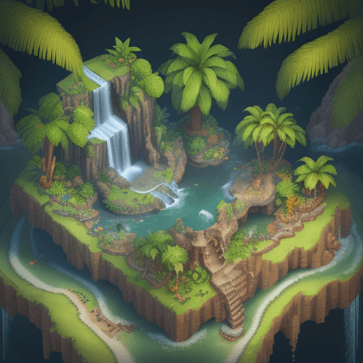 AI generated: a 3d model of a tropical garden with waterfall and trees, isometric 3d fantasy island, beautiful iso...