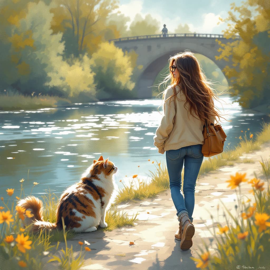 AI generated: On a sunny morning, a long-haired beautiful lady wearing glasses is walking by the river with her ca...