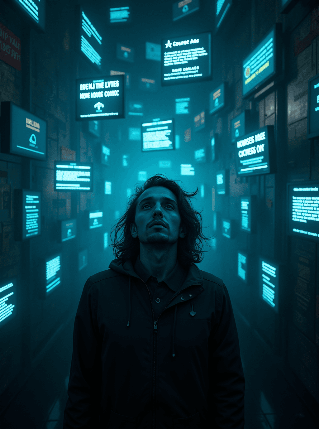 AI generated: A bleak, dystopian scene showing a person overwhelmed by a swarm of glowing AI holograms and notific...