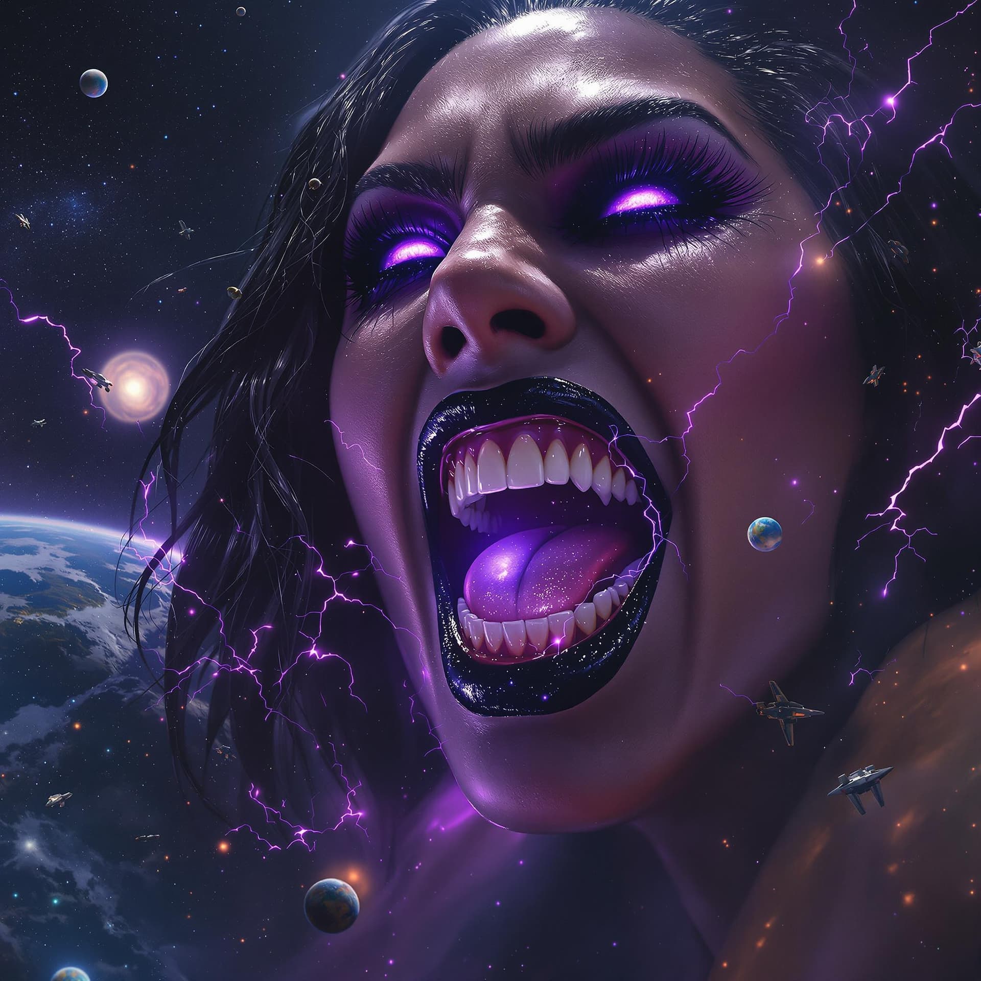 AI generated: enormous giantess Rhea Ripley  from WWE
bigger than a galaxy floating in space, minuscule planets in...