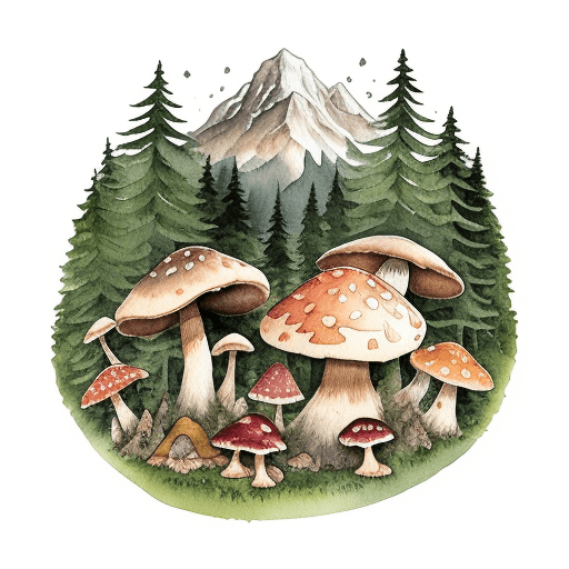 AI generated: t-shirt design with watercolor image of forest treasures like mushrooms, edible berries, drift wood,...