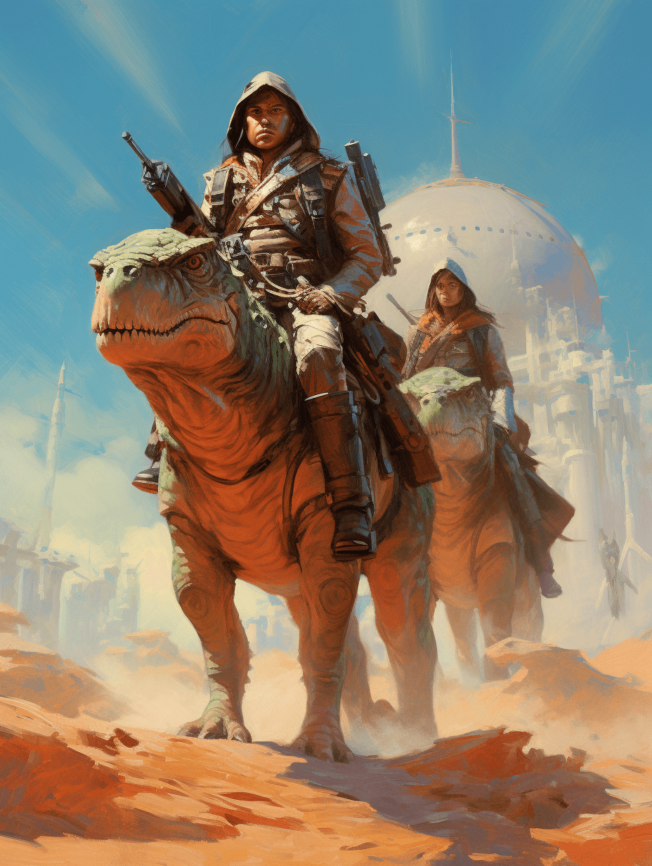 AI generated: A scifi fantasy scene in the style of Donato Giancola, featuring two adventurers with their pet dino...