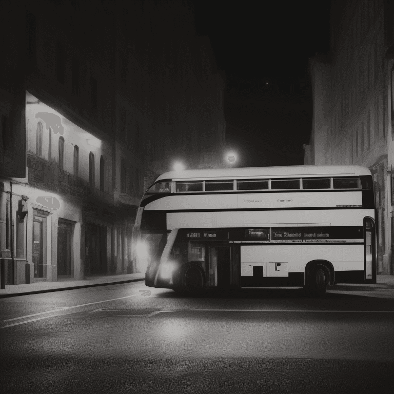 AI generated: full view of one bus, perspective, waiting in dark street, by night, captured with a Canon EOS R5, 5...