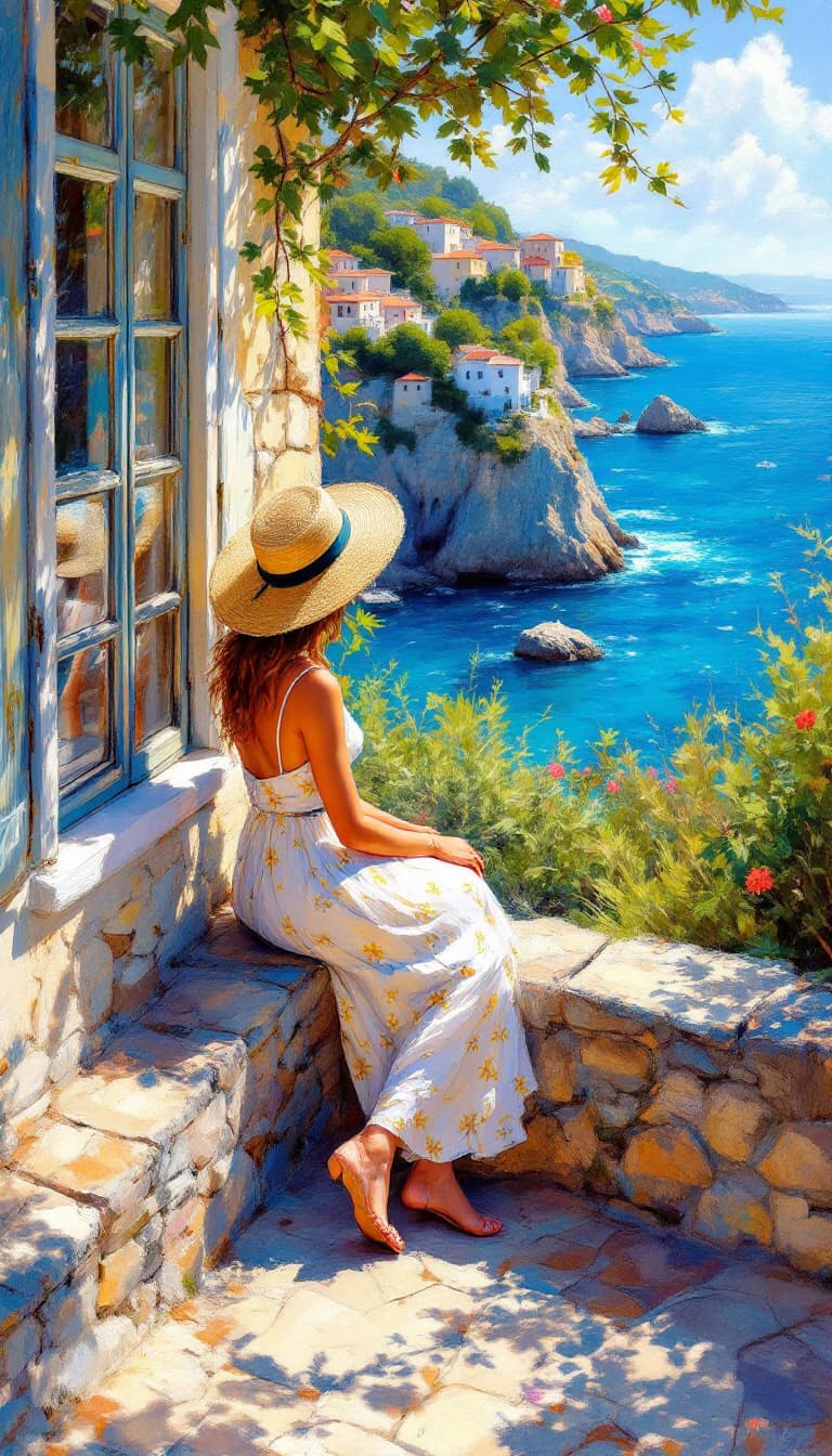AI generated: Impressionist painting of a woman in a summer dress and straw hat sitting on the stone wall of an ol...