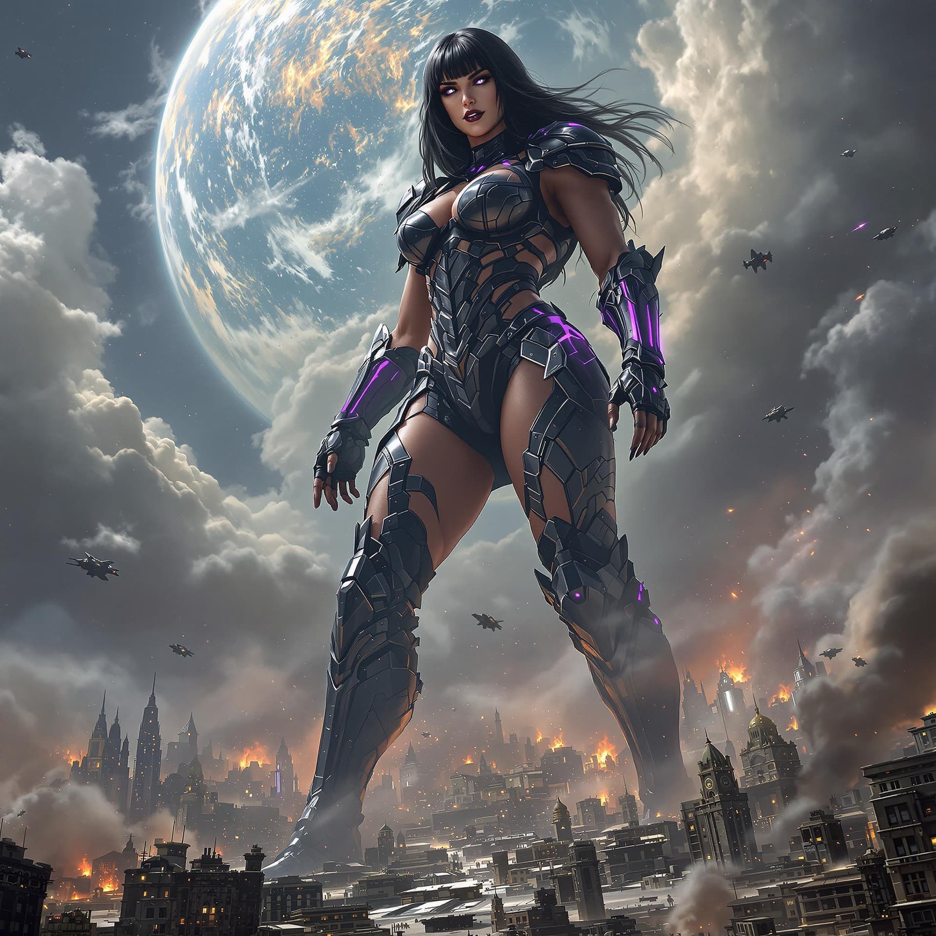 AI generated: truly enormous giantess female Rhea Ripley from WWE with black medium length hair and straight bangs...