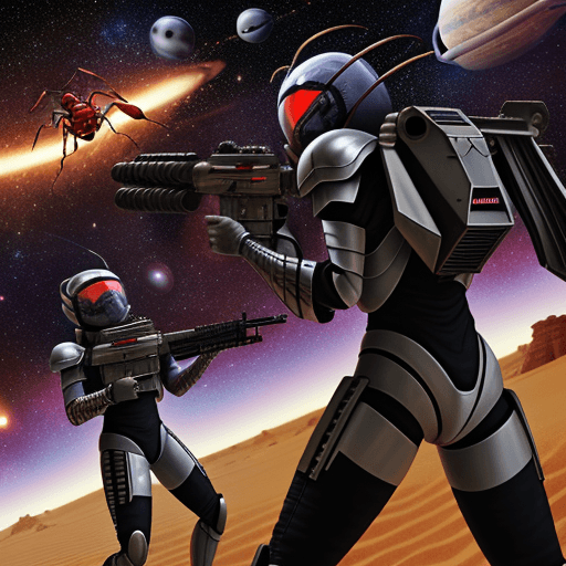 AI generated: army group, alien ant army group with silver armor invasion the planet, gunfire with red ant group, ...