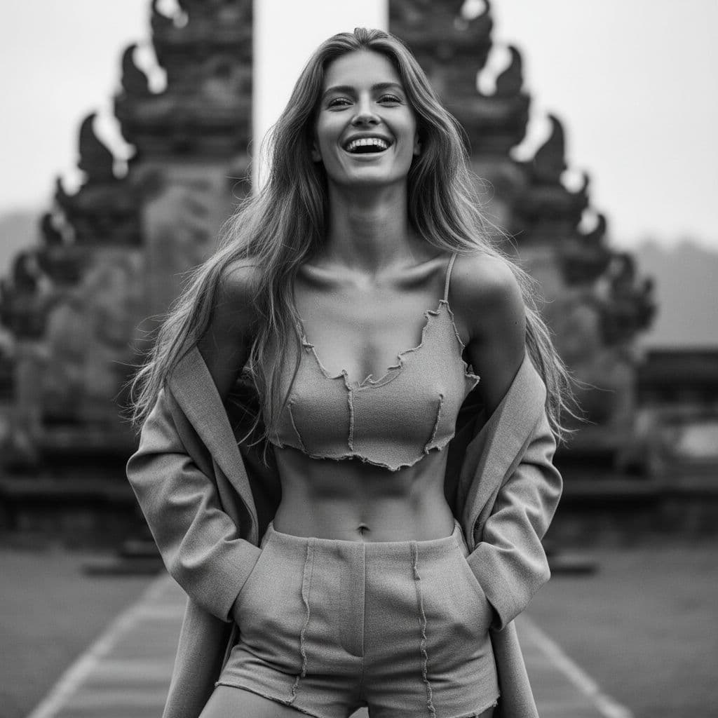 AI generated: Brutalist high Fashion waist up photo of a 20-year-old with extreme blond long hair Slim female with...