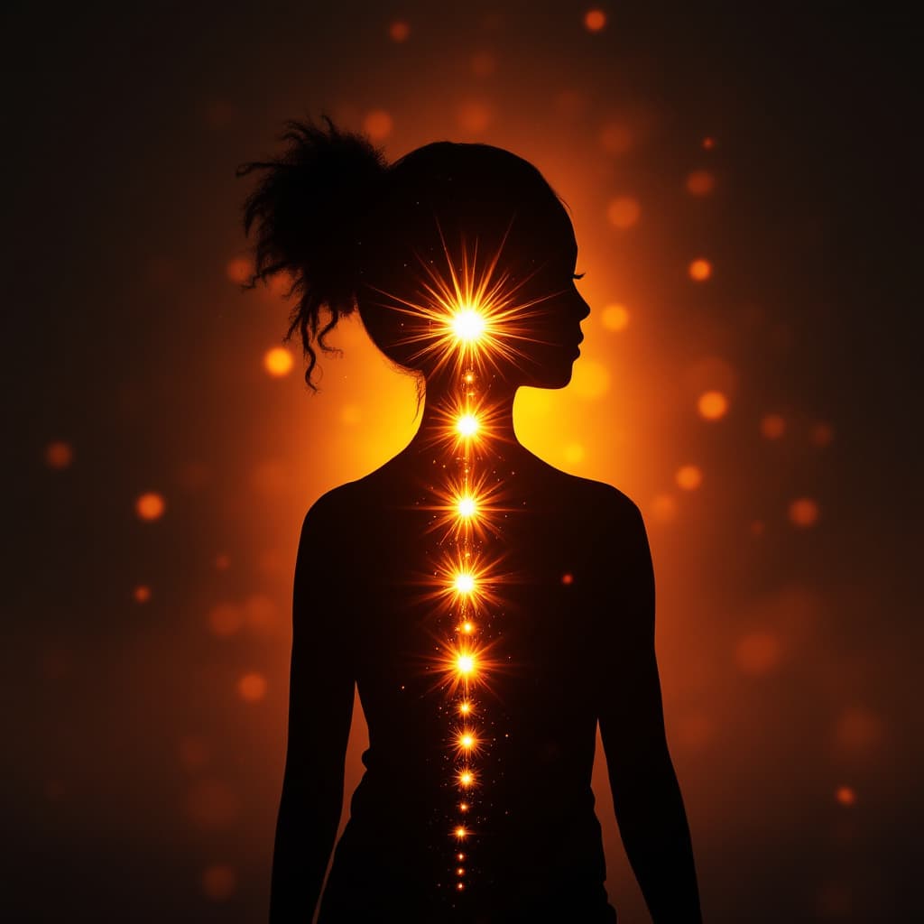 AI generated: A simple silhouette with vibrant energy centers aligned along the spine dslr, ultra quality, sharp ...